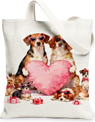 Generic Dog Canvas Tote Bags, Animal Love Design Reusable Grocery Bags, ValentineS Day Cute Vintage Lightweight Washable Shoulder, White, 13x15 Inch