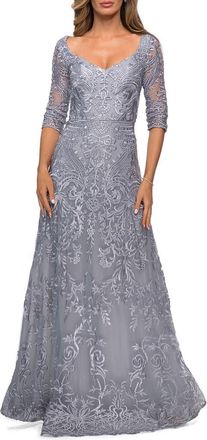 La Femme Embroidered Lace Gown with V Neckline and Flare Skirt in Silver at Nordstrom, Size 12