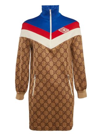 Gucci Jurk met halve rits en GG-monogram - Bruin