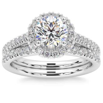 Pompeii3 F/VS 1.50Ct Halo Diamond Engagement Wedding Ring Set 14k Gold Lab Grown