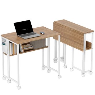 OEM Escritorio Plegable Con Ruedas Balda Y Bolsillo De Almacenaje Ideal Para Espacios Peque&ntilde;os 80x50x75 Cm Blanco Y Natural