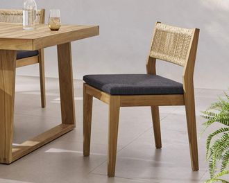 Castlery Rio Outdoor Teak Dining Chair Set of 4, Slate, Treated Solid Teak, Woven Backrest, Yellow, Outdoor Furniture