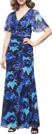 S.L. Fashions Floral Print Ruched Dress in Blue/multi at Nordstrom, Size 16