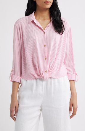 Beach Lunch Lounge Vivica Stripe Twist Hem Button-Up Shirt in Blushing Peony at Nordstrom, Size Small