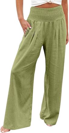 Generic Shffuw Ladies Linen Trousers Elasticated Waist, High Waist Wide Leg Palazzo Pants with Pockets, Summer Solid Color Loose Fit Casual Elegant Beach Hare