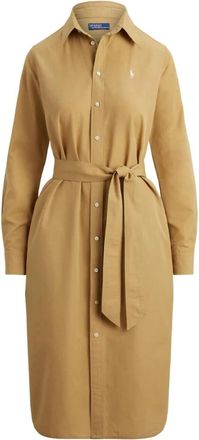 Polo Ralph Lauren Overhemdjurk met riem tot halverwege de kuit - Dames - Shirt Kleedjes - Beige - 2XS - Katoen - Kleedjes