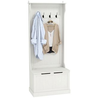 HOMCOM Homcom Perchero Zapatero, Perchero Recibidor Con Banco De Almacenamiento, 4 Ganchos, Para Pasillo, Sal&oacute;n, Estilo Moderno, 71,5x39,5x170 Cm, Blanco