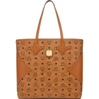 MCM Large Dia Shopper in Visetos Leather Mix in Cognac at Nordstrom