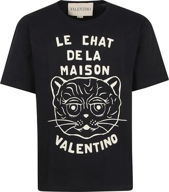 Valentino Garavani Tops, Heren, Zwart, S, Katoen, Katoenen T-shirt met Le Chat De La Maison Print