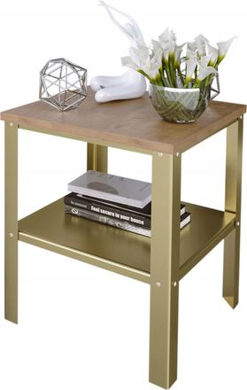 OEM Mesa Atornillada Con Estante, Estilo Loft Industrial Para Sala De Estar, 40x40x45 Cm, Color Oro Y Roble Lancelot