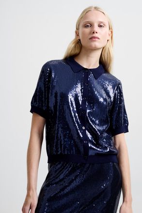 French Connection Womens Navy Sequin Short Sleeve Button-Up Collared Blouse - Size Medium