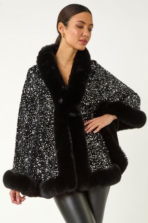 Roman Faux Fur Trim Sparkly Cape