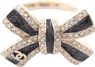 Chanel Black Gold Plating Rhinestone Band Ring (Pre-Owned)
