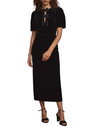 Mint Velvet Velvet Bow Midi Dress in Black at Nordstrom, Size 4