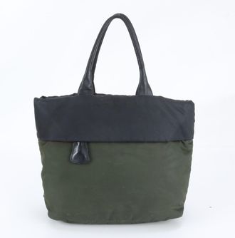 Prada Green Khaki Leather Nylon Shoulder Bag Tote Bag (Pre-Owned)