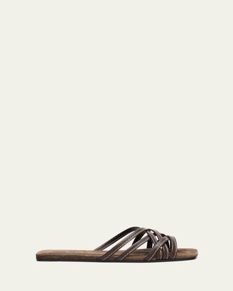 Brunello Cucinelli Strappy Leather Flat Slide Sandals