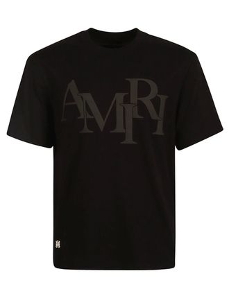 Amiri Mens Black Staggered Logo Print T-Shirt in Cotton - Size Large