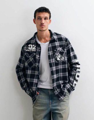 True Religion camicia in flanella con stampa sul retro nera/grigia-Nero