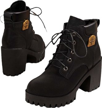 Generic Boots for Women Casual Synthetic Leather Lace Up Ankle Boot Vintage Comfortable Cushion Platform Round Toe Combat Boots Leisure Chunky Square High Hee