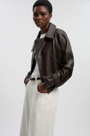 Karen Millen Womens Leather High Neck Crop Trench Coat - Chocolate - Size 10 UK
