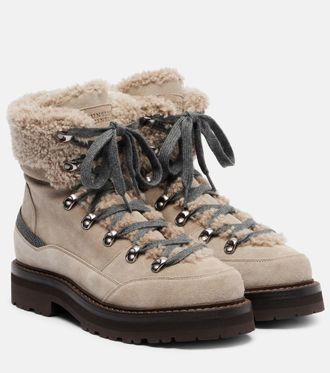 Brunello Cucinelli Shearling-trimmed suede lace-up boots