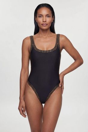 Karen Millen Studded Trim One Piece Swimsuit in Black at Nordstrom, Size Large