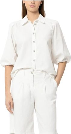 Luisa Cerano Blouse van katoen en linnen met halflange mouwen - Dames - Overhemden - Wit - XS - Katoen - Overhemden
