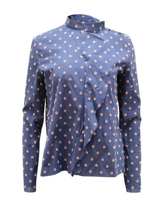 Derek Lam Blouse with Cascading Ruffles in Navy Blue Cotton