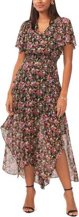 Chaus Floral Print Flutter Sleeve Maxi Dress in Fuchsia/purple/gold at Nordstrom, Size Medium