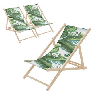 ECD Germany Ecd Germany 3x Sillas De Playa De Madera Con Dise&ntilde;o Tropical Verde-blanca Tumbona Plegable Con Respaldo Ajustable En 3 Posiciones De Reclinaci&oacute;n Asien
