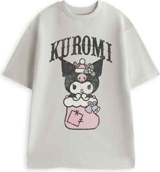 Hello Kitty Kuromi Unisex Adults Light Grey T-Shirt | Short Sleeve Crew Neck Graphic Tee for Casual Wear | Cartoon Print Top Merch