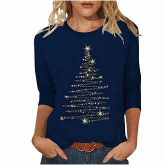 Generic Warehouse Deals Today Womens Christmas Tunic Tops UK Trendy 3/4 Sleeve Crewneck Shirts Dressy Casual Xmas Tree Snowflake Print Blouse Ladies Lightweig
