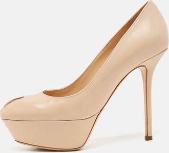 Sergio Rossi Beige Patent Leather Peep Toe Platform Pumps