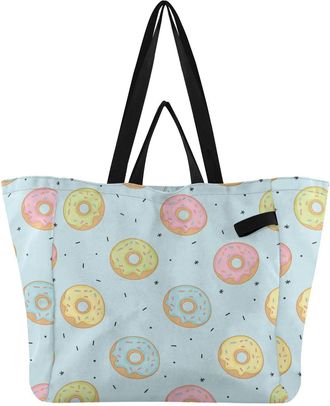 Generic Donuts Blue print Reusable Canvas Tote Bag, Heavy Duty Grocery Shopping Bag with Double Handles Large Capacity Hard Bottom Work Groceries Travel