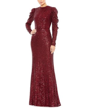 Mac Duggal Sequined High Neck Puff Long Sleeve Column Gown