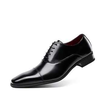 Generic Oxford Shoes for Men Lace Up Square Cap Toe Leather Anti-Slip Resistant Non Slip Block Heel Party(Black,6.5 UK)