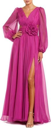 Mac Duggal Long Sleeve V Neck Chiffon Gown With 3D Flower in Magenta at Nordstrom, Size 10
