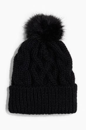 H&M Beanie mit Bommel in Zopfstrick - Schwarz