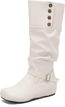 Generic Womens Round Toe PU Leather Knee High Boot Wedge Heel Long Boots with Buckle Pull on Retro Tall Boots,White,10.5 UK
