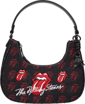 THE ROLLING STONES All-Over Tongue Logo Black Denim Small Hobo Bag - Embroidered Graphic, Studded Trim & Charm Detail