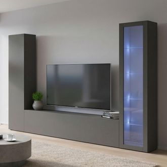 Dmora Aparador Dekda, Conjunto De Sal&oacute;n Mueble De Tv Con 3 Puertas, Mueble De Sal&oacute;n Polivalente Con Vitrina Y Luz Led, 100% Made In Italy, Cm 260x30h180, An