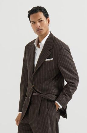 Brunello Cucinelli Virgin wool and cashmere chalk stripe flannel Tailor blazer in Brown at Nordstrom, Size 54