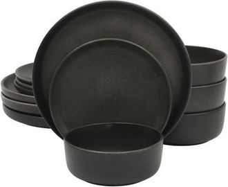 Gibson Home Pasco 12-Piece Reactive Glaze Stoneware Dinnerware Set in Matte Black at Nordstrom