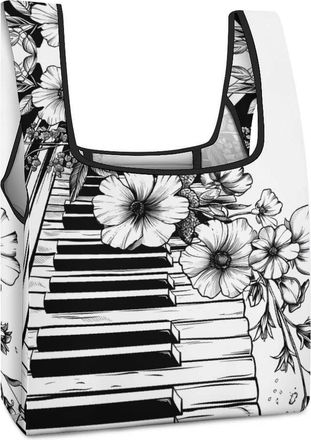 Generic Piano Keys Music Notes Flowers Shopping Bag Reusable Grocery Tote Bag Foldable Handbag for Travel Picnic