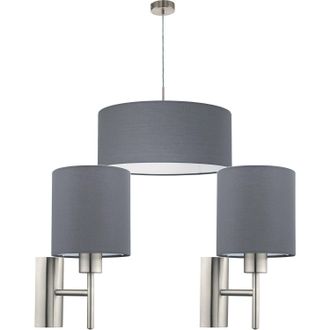Loops Ceiling Pendant Light & 2x Matching Wall Lights Satin Nickel Grey Fabric Shade in Metallics