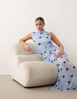 Asos Vestito accollato blu a pois arricciato con vita scesa