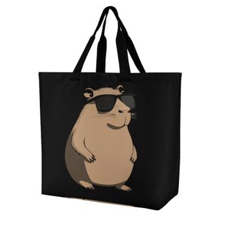 Generic Capybara with Glasses Large Reusable Shopping Bag Lightweight Foldable Tote Bags Washable Shoulder Handbag