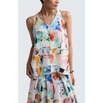 Luukaa D'Celli Orielle Painterly Print Linen V-Neck Top in Multihued at Nordstrom, Size 14