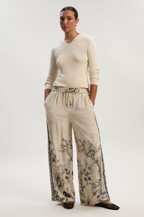 Karen Millen Womens Viscose Linen Scenic Placed Print Woven Wide Leg Trousers - Monochrome Multi - Size 10 UK