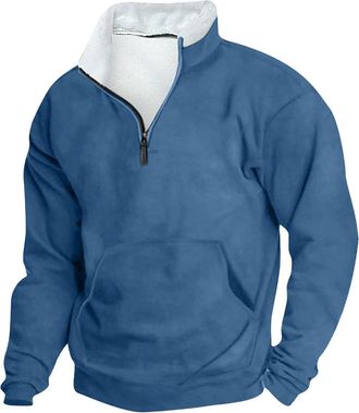 Generic Mens Fleece Sweatshirts 1/4 Zip Winter Thermal Lined Long Sleeve Sweatshirt Warm Thick Plain Pullover Tops Casual Workwear, Blue, 5XL